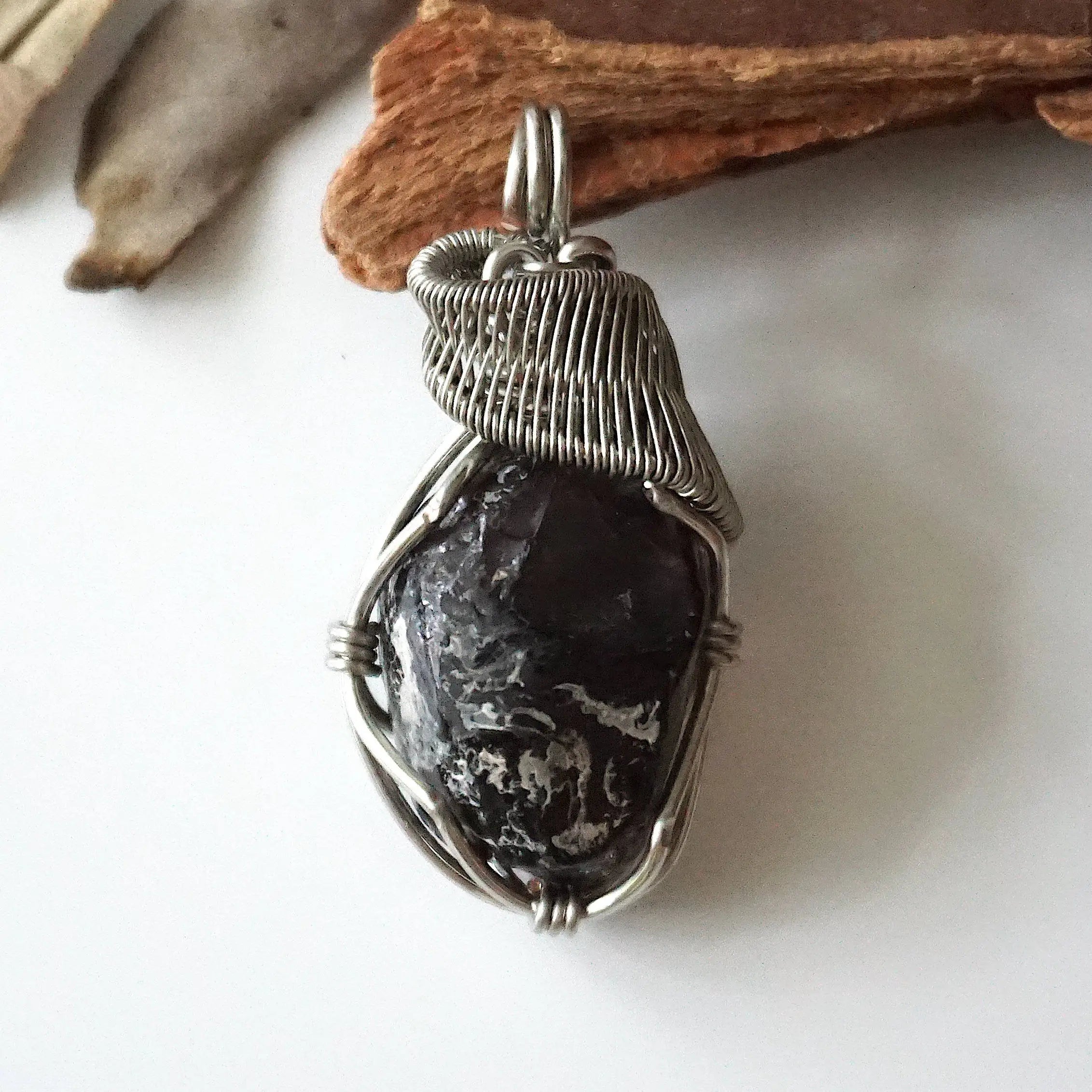 Handcrafted Apache Tears Obsidian Necklace | White Gold Copper