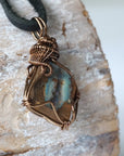Right angle detail of Australian boulder opal necklace for men – close-up of artisan wire wrapping and unique opal pattern.