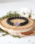 Raw Amethyst and Black Lava Beads Healing Crystal - Mala Bracelet