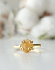 Adjustable citrine ring 14k gold vermeil flat lay closeup - natural crystal wire wrapped handmade ring for women November birthstone detail view