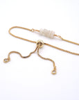 Gold plated brass slider closure on adjustable moonstone bracelet showing easy fit mechanism - handcrafted birthstone jewelry