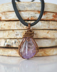 Amethyst necklace for men — handmade bronze copper wire wrapped pendant on black leather cord, February birthstone, by Designs by Nature Gems