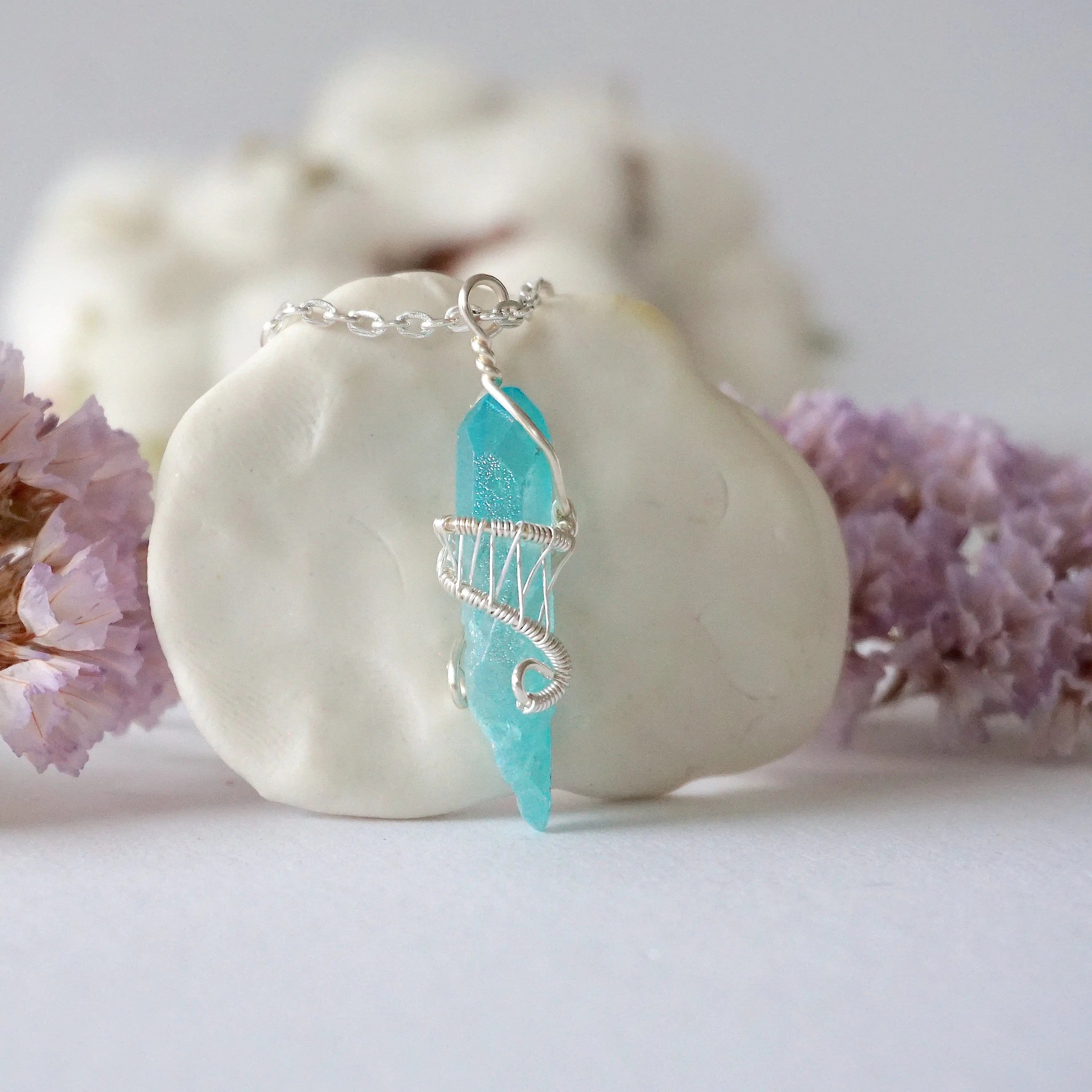 Aqua Aura Quartz Necklace - Crystal Point Charm Necklace -Silver