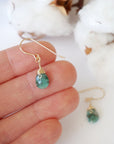 Emerald drop earrings in hand for size reference, genuine faceted emerald, 14k gold filled