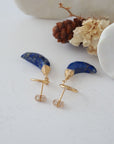 Detailed close-up of open circle stud earring closure, Lux Lapis Lazuli Moon Stud Earrings, 14k gold filled, handmade craftsmanship.