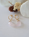 Rose Quartz Moon Open Circle Stud Earrings laying flat, 14k gold filled minimalist wire wrap, natural faceted rose quartz, limited edition.