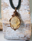 Natural citrine necklace for men on leather cord with antique bronze copper wire wrapping - handmade masculine crystal pendant full view November birthstone jewelry