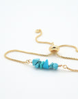 Natural turquoise slider bracelet with raw turquoise crystals on gold plated brass adjustable chain - December birthstone jewelry for women