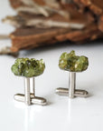 Detail angle of peridot cufflinks for men — multiple genuine raw peridot stones clustered on white gold finish face, handcrafted August birthstone crystal cufflinks