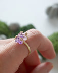 Adjustable raw amethyst ring in 14k gold vermeil, February birthstone crystal ring on model hand