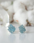 Raw aquamarine stud earrings, detailed front angle, genuine gemstone in 925 sterling silver prong setting, Designs by Nature Gems