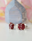 Raw ruby prong stud earrings with natural rough ruby in 925 sterling silver claw setting — handmade crystal jewelry by Designs by Nature Gems