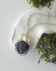 Women's raw sapphire and freshwater pearl necklace on a 925 sterling silver cable chain — sterling silver wire wrap, handcrafted crystal jewelry by Designs by Nature Gems