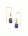 Detailed front view of sapphire drop earrings, genuine faceted sapphire with minimalist 14k gold filled wire wrapping, Designs by Nature Gems
