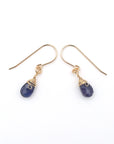 Side angle of sapphire drop earrings, minimalist artisan wire wrapping, 14k gold filled