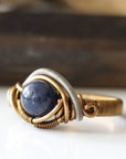 Natural sapphire ring with antique bronze and dark silver wire wrap — all-genders September birthstone jewelry by Designs by Nature Gems