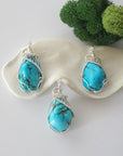 Three sterling silver raw turquoise necklace variations showing natural stone differences, handmade wire wrapped pendants