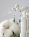 Side view of turquoise sterling silver drop earrings showing wire wrapped natural faceted turquoise, artisan craftsmanship, on a display – Designs by Nature Gems