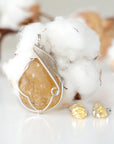Citrine necklace and stud earrings set November birthstone jewelry gift for her - wire wrapped pendant with sterling silver studs