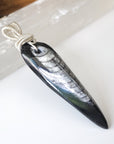 Right angle close-up of Orthoceras fossil pendant for men – highlighting artisan wire-wrapped details, ancient ocean fossil, 925 sterling silver.