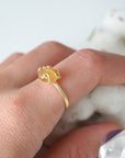 Adjustable citrine ring 14k gold vermeil on woman's hand different angle - natural crystal wire wrapped ring for women November birthstone lifestyle view