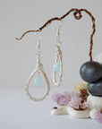 Aquamarine earrings, detailed front view, genuine gemstone in artisan wire wrapped setting, soft silver finish, Designs by Nature Gems