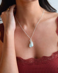 Raw aquamarine necklace on female model, handcrafted 925 sterling silver, Designs by Nature Gems