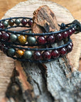 Garnet Bracelet and Tiger's Eye Leather Wrap Bracelet - Prosperity & Fortitude DesignsbyNatureGems