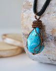 Handmade turquoise necklace for men antique copper wire wrap left side detail