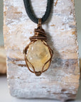 Natural citrine necklace for men on leather cord with antique bronze copper wire wrapping - handmade masculine crystal pendant full view November birthstone jewelry