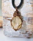 Back view of mens citrine pendant showing antique bronze copper wire wrapping detail - natural crystal handmade masculine jewelry craftsmanship back side