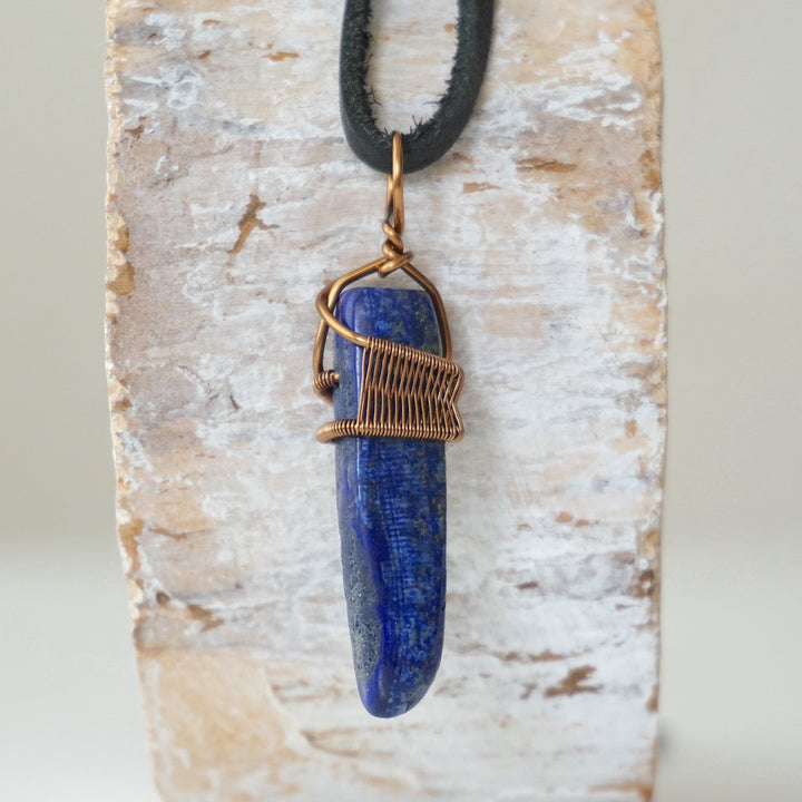 Men's Lapis Lazuli Point in Antique Bronze - With Black Leather Cord Designs by Nature Gems