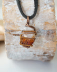 Back view of mens raw citrine pendant showing antique bronze copper wire wrapping detail - natural unpolished crystal handmade masculine jewelry craftsmanship back side