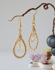 Natural citrine drop earrings in gold plated copper - handmade wire wrapped crystal dangle earrings front view November birthstone jewelry for women