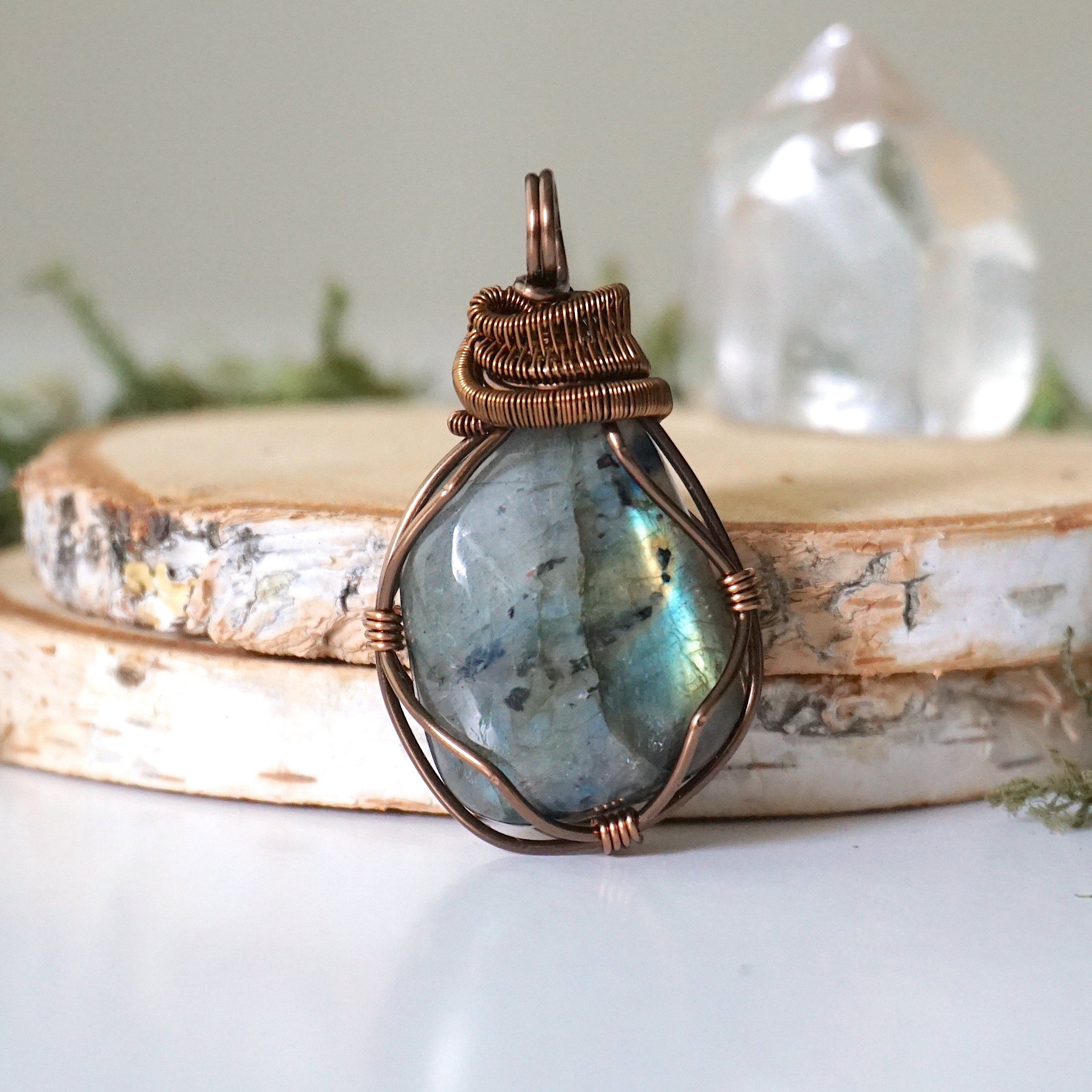 Labradorite pendant, store wire wrapped pendant, hand crafted pendant, lotus flower pendant