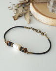 Pearl Bracelet - Antique Bronze - Black Leather Cord Designs by Nature Gems