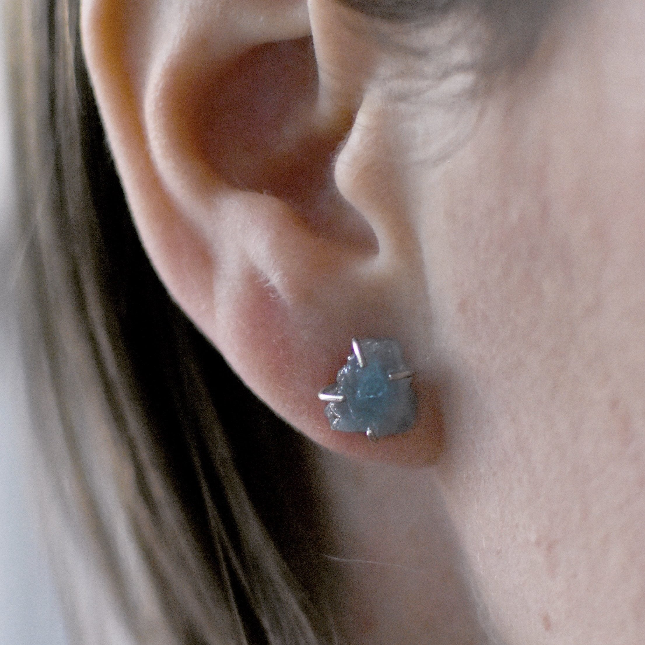 Raw Aquamarine Earrings Huggie Stud Earrings Sterling Silver