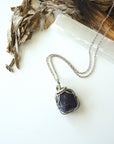 Raw Sapphire Pendant Necklace - September Birthstone - Sapphire Crystal Wrapped in Dark Silver Wire with Silver Chain