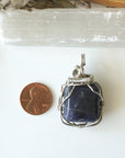 Raw Sapphire Pendant Necklace - September Birthstone - Sapphire Crystal Wrapped in Dark Silver Wire - Size Comparison to a Penny