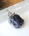 Raw Sapphire Pendant Necklace - September Birthstone - Sapphire Crystal Wrapped in Dark Silver Wire