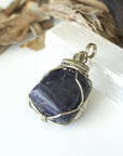 Raw Sapphire Pendant Necklace - September Birthstone - Sapphire Crystal Wrapped in Dark Silver Wire
