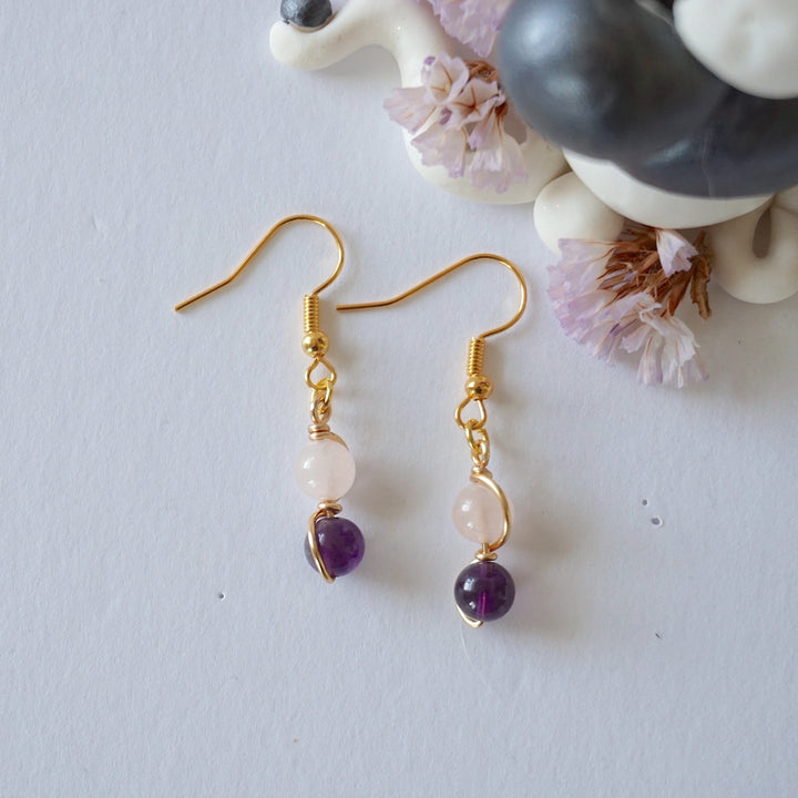 Rose Quartz & Amethyst Gold Plated Hook Drop Earring Designs by Nature Gems