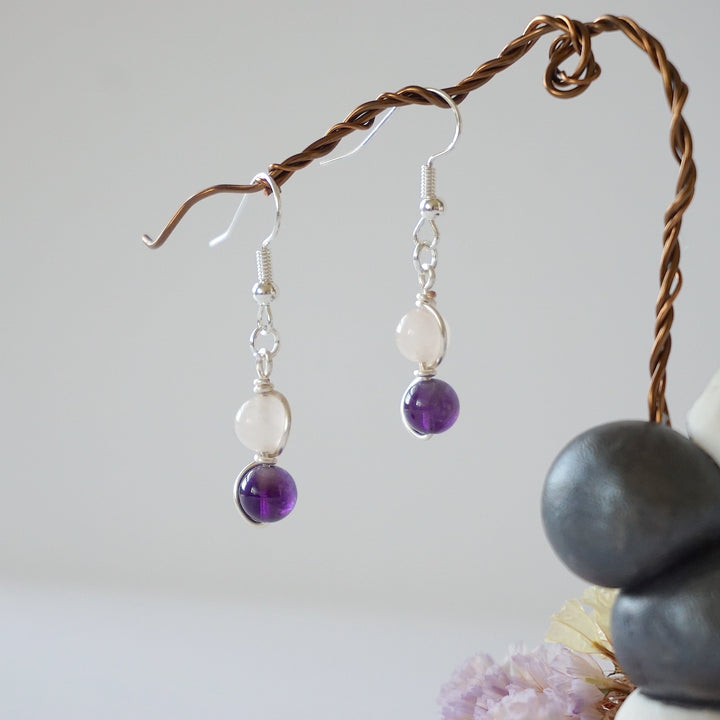 Rose Quartz & Amethyst Silver Plated Hook Drop Earring Designs by Nature Gems