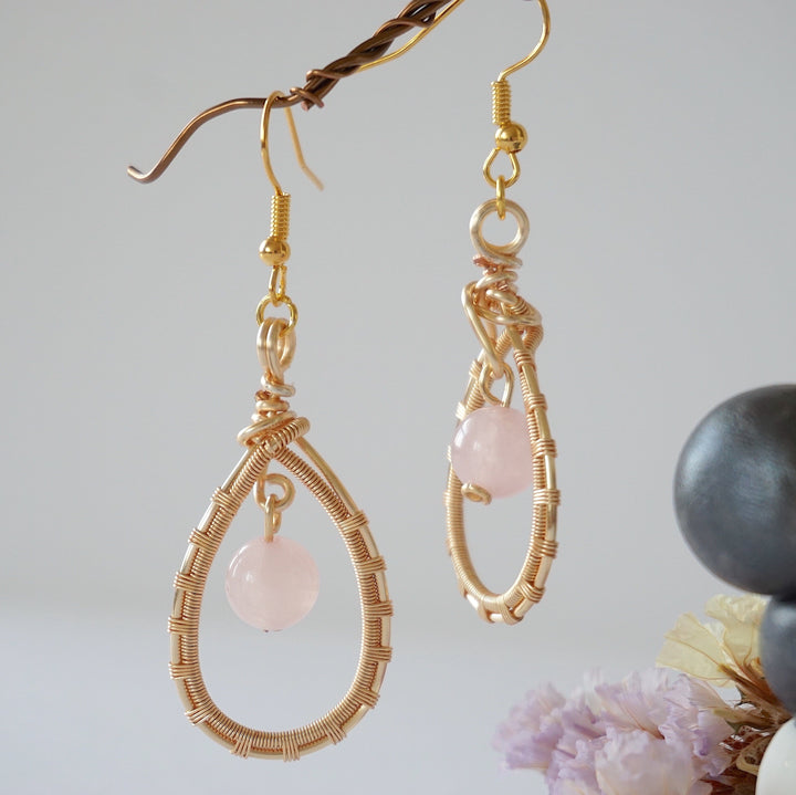 Rose Quartz Gold Plated Round Wire Earring Designs by Nature Gems