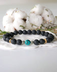 Turquoise lava bead mala bracelet with pyrite chips and gold accents