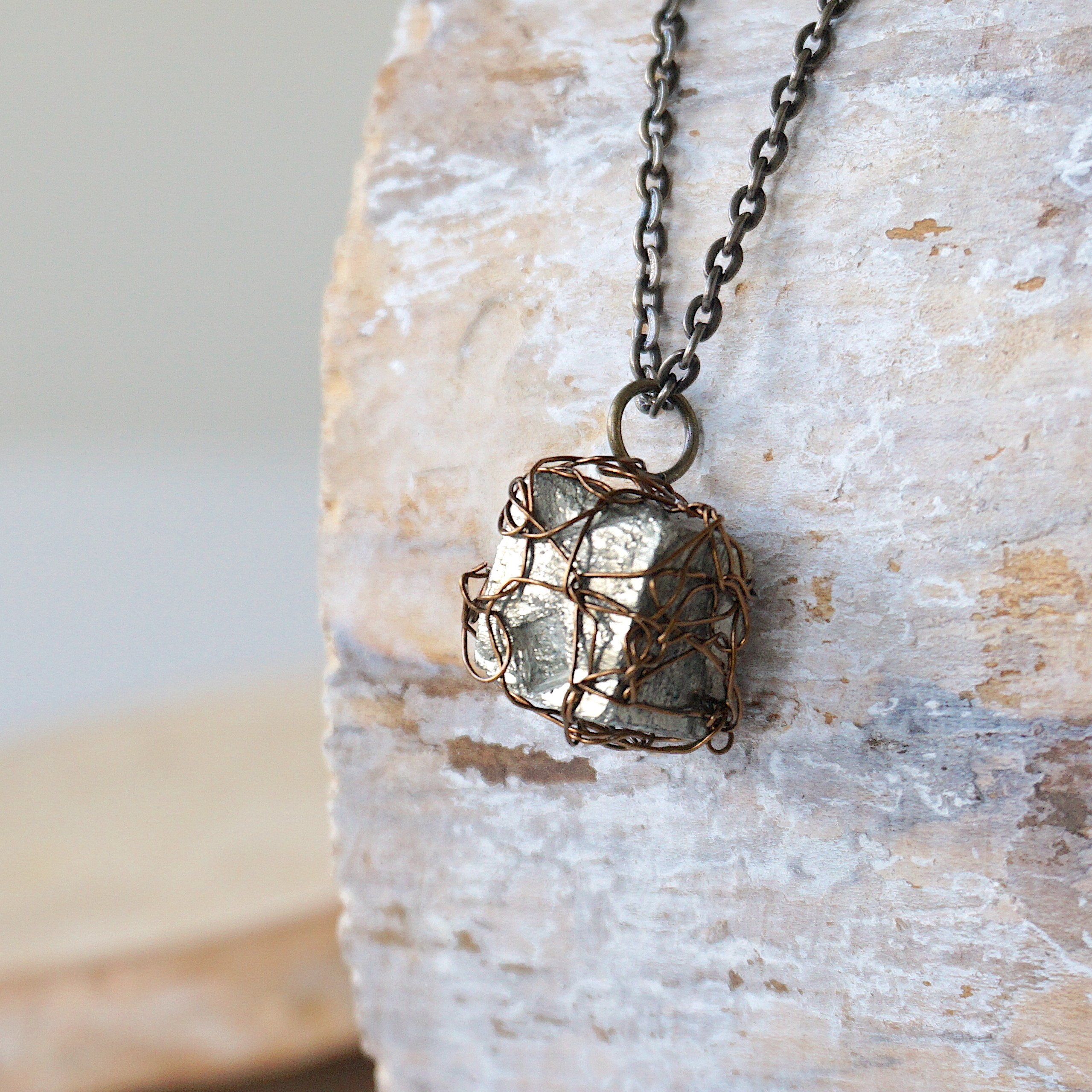 Handmade Raw Pyrite Necklace - Wire Wrapped Pyrite Charm 