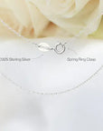 Close-up of 925 sterling silver fine cable chain with 925 stamp and spring clasp closure for amethyst and pearl bar necklace.