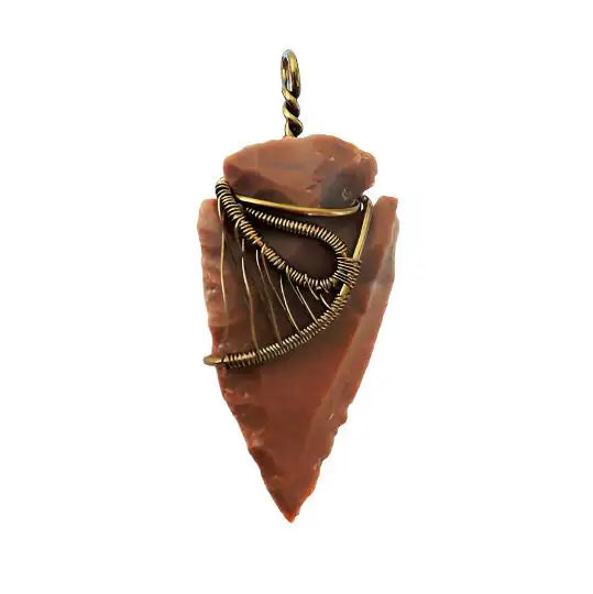 Handcrafted brown jasper arrowhead necklace for men, front view – artisan antique bronze copper wire wrapping, natural stone pendant, earthy masculine style.