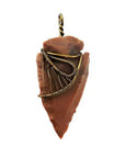 Handcrafted brown jasper arrowhead necklace for men, front view – artisan antique bronze copper wire wrapping, natural stone pendant, earthy masculine style.