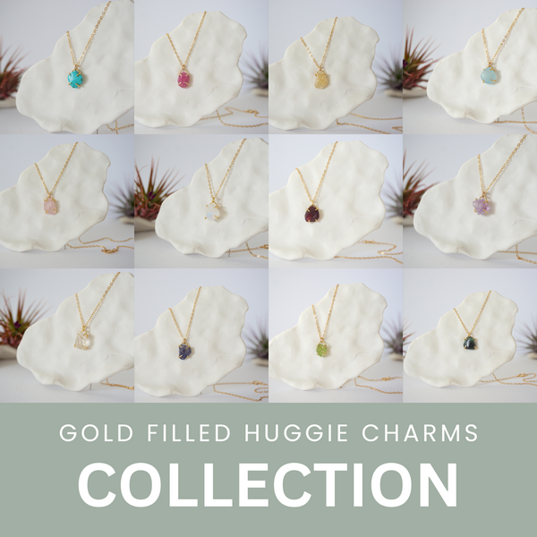 COLLECTION: GOLD FILLED HUGGIE CHARMS (12 NECKLACES)